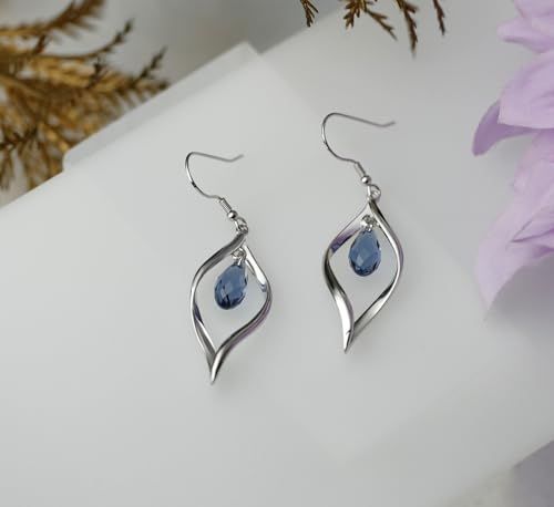 Rhodium Plate 925 Sterling Silver Hook Twist Leaf Holiday Hypoallergenic Dangle Earrings for Women Gifts Engagement Wedding with Austrian Daiamond Cut Waterdrop Crystal Hight Polished Long :1.9 IN - color: dark blue cryal