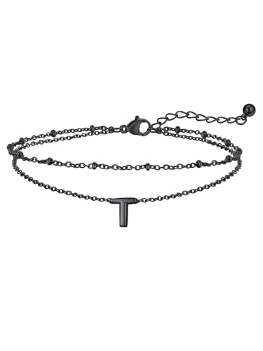FaithHeart Initial Ankle Bracelets for Women, Waterproof 14k Gold Plated Initial Anklets Non Tarnish Stainless Steel Cute Layered Anklet Summer Beach Jewelry - color: Black, size: Initial T