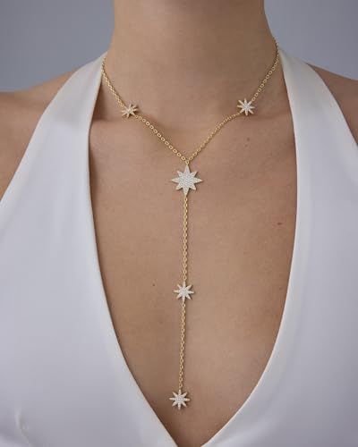 PAVOI 14K Gold Plated Drop Lariat Chain for Women - Cubic Zirconia Long Necklace - Station Star Layered Beaded Y Necklace - style: Northern Star
