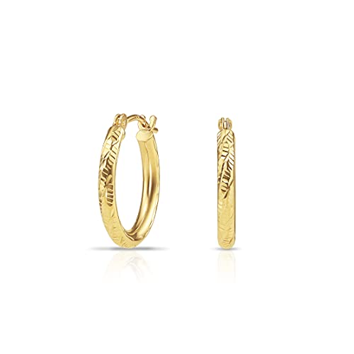 14k Yellow Gold Hand Engraved Diamond-cut Round Hoop Earrings - style: 16mm (0.63 inch)