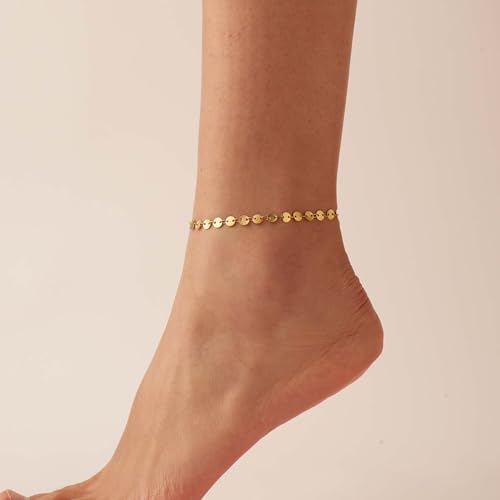 Dainty Ankle Bracelets for Women 18K Gold Plated Satellite Beaded Herringbone Lip Chain Anklets Simple Minimalist Summer Beach Foot Jewelry Christmas Gifts - color: Coin-Gold