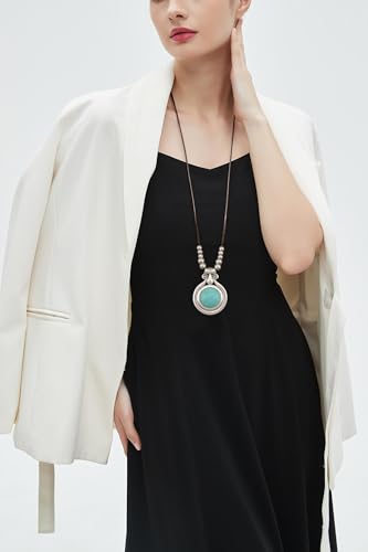 Bohemian Necklaces for Women Long Leather Necklace with Large Pendant Chunky Boho Hippie Jewelry Pendant Chocker Necklace - style: Boho Silver Necklace