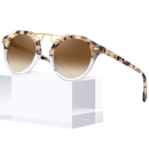 CARFIA Double Bridge Small Acetate Sunglasses for Women Polarized, Retro Metal Brow Ladies Sunnies Fashion Round Eyewears - color: 2. Pink White Tortoise Frame Gradient Brown Lens