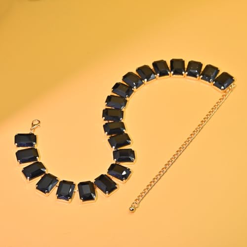 Fashionable Chunky Plated Tennis Rhinestone Statement Necklace Jewelry Set for Women Multicolor gem necklace with Great Sparkle and Shine Design for Women to Easy Match - color: black square rhinestone