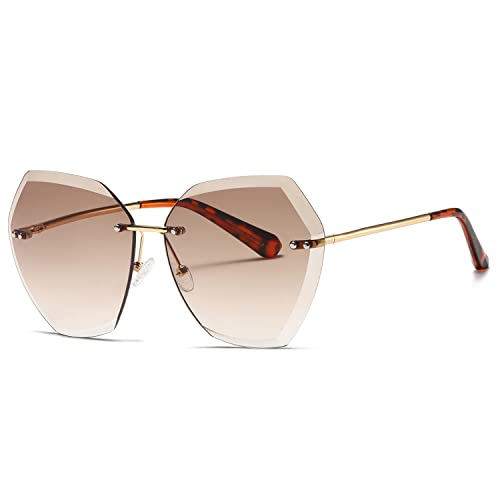 AEVOGUE Sunglasses For Women Oversized Rimless Diamond Cutting Lens Sun Glasses AE0534 - color: Gold&brown
