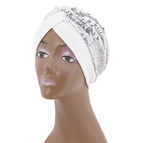 Erinaco Women Sparkle Sequin African Turban Bow Knot Pre-Tied Cap Pleated Ruffle Bonnet Beanie Hat Headwrap Skull Caps - color: Sparkle White