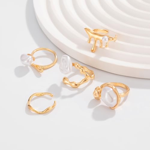 Chunky Gold Pearl Rings for Women Vintage Baroque Pearl Rings Set Open Stacking Pearls Ring Set Irregular Geometric Pearls Ring Boho Prom Costumes Fashion Jewelry Accessories - style: 5PCS A