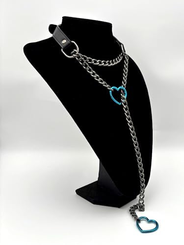Black Leather Choker Collar For Women, Handmade Heart Slip Chain Choker Long Necklace with Adjustable Buckle - color: B-Black-Black-Blue, size: 24''chain