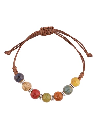 MINACHI Bohemian Colorful Ceramic Bead Adjustable Leather Bracelet, Boho Hippie Summer Jewelry Gift for Women - color: S05