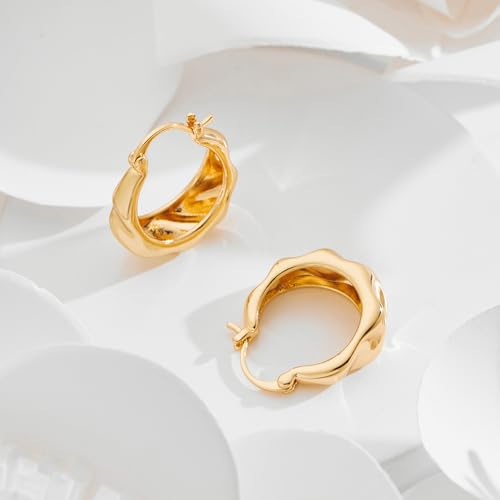 Hoop Earrings for Women 14K Gold Plated Thick Chunky Hoops Hypoallergenic Trendy Dainty Jewelry Gifts - style: Texture Hoop