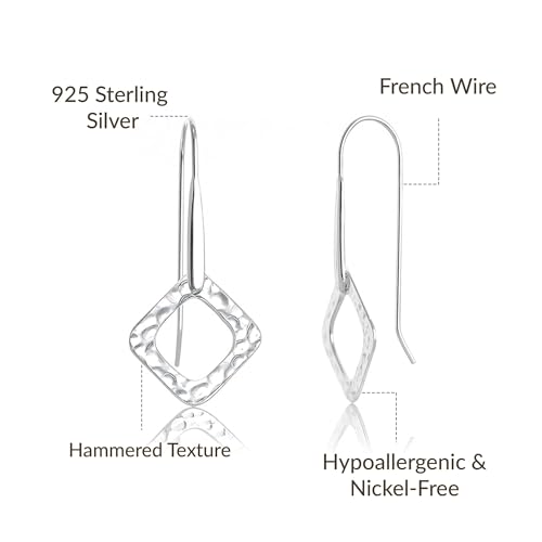 LeCalla 925 Sterling Silver Drop & Dangle Earrings for Women | Handmade Hammered Textured Drop Dangle Earring Jewelry | Women's Hammered Earrings Jewelry for Gift Mom Wife - color: Open Square