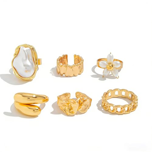 Chunky Gold Rings for Women Non Tarnish Boho Stackable Rings Set Adjustable Open Joint Finger Midi Knuckle Ring Packs - color: Gold Flower Chunky Rings 6Pcs