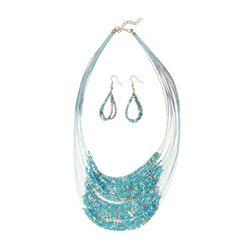 Bohemian Colorful Beaded Earrings Necklace Geometric Teardrop Dangle Earrings Multi-layered Stackable Choker Necklaces Boho Seed Bead Chain Statement Beach Party Accessories - color: Blue