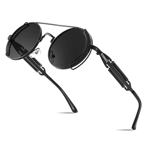 FEISEDY Aviator Sunglasses for Men Women, Retro Steampunk Gothic Round Metal Frame Hippie Glasses B2351 - color: Black Frame With Gray Lenses and Black Temples