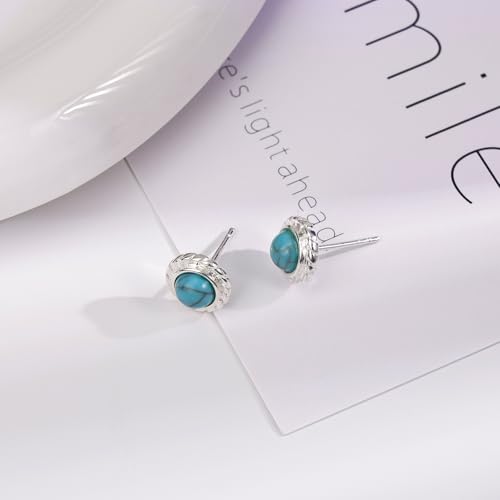 Tibetan Turquoise Earrings 925 Sterling Silver Post Stud Boho Gemstone Hypoallergenic Handmade Earrings for Women Trendy Fashion - style: Round B