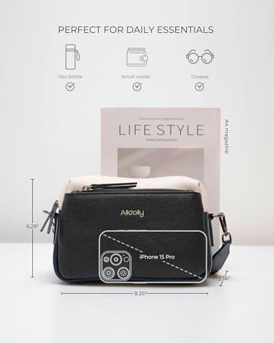 Alldaily Small Triple Zip Crossbody Purse for Women, Vegan Leather Phone Bag with Wide Shoulder Strap - color: Black & Blue & White