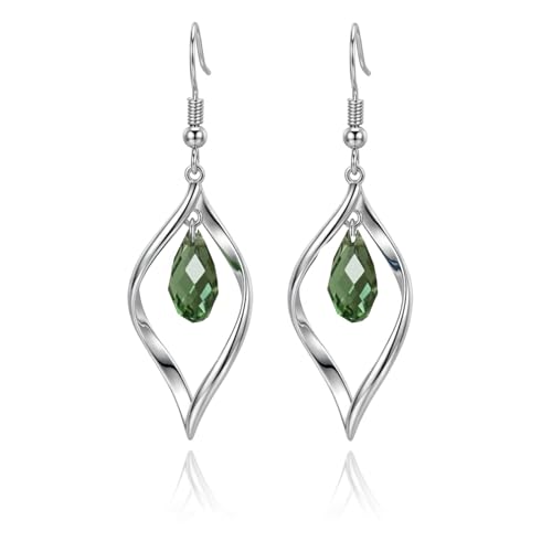 Rhodium Plate 925 Sterling Silver Hook Twist Leaf Holiday Hypoallergenic Dangle Earrings for Women Gifts Engagement Wedding with Austrian Daiamond Cut Waterdrop Crystal Hight Polished Long :1.9 IN - color: Green (leaf style)