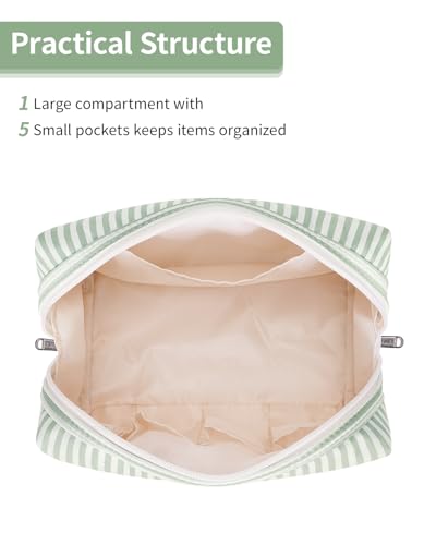 Narwey Striped Makeup Bag Travel Cosmetic Bag Organizer Toiletry Bag Make Up Bags with Compartments for Women Girls (Large, Mint Green Stripe) - color: A-Mint Green Stripe, style: Large
