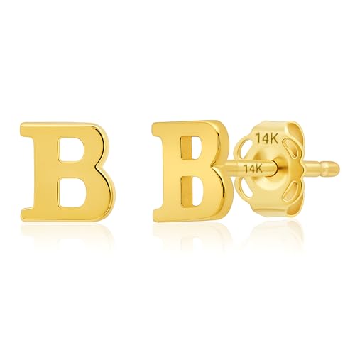 14k Gold Small Script Initial Letter Stud Earrings for Women | Anti Tarnishing 5mm 14k Gold Studs | A-Z Alphabet Earrings with Gift Box by MAX + STONE - style: B | Yellow Gold