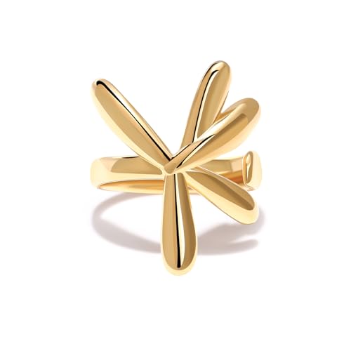 18K Gold Plated Daisy Flower Rings for Women | Cute Adjustable Open Statement Ring | Petal Personalized Polished Band Ring Size 5 to 10