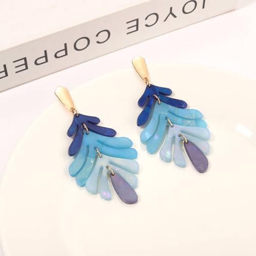 ARATLENCH Acrylic Pendant necklace Earrings – Long Statement Leaf Charm Necklace Tortoise Resin Palm Leaf Earrings Fashion Necklaces Earrings for Women - color: blue A