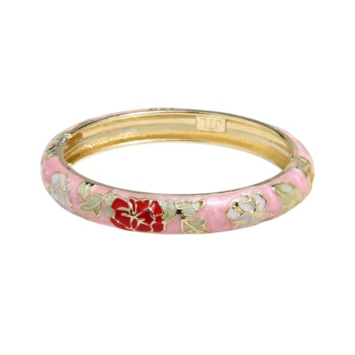 Vintage Flower Cuff Bangles Gold Plated Cloisonne Chinoiserie Peony Floral Elegant Bracelet Gifts For Women - color: pink
