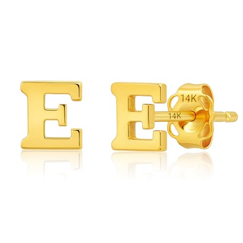14k Gold Small Script Initial Letter Stud Earrings for Women | Anti Tarnishing 5mm 14k Gold Studs | A-Z Alphabet Earrings with Gift Box by MAX + STONE - style: E | Yellow Gold