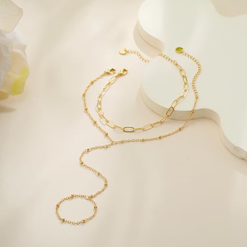 Hand Chain Bracelets for Women - 14K Real Gold Plated Dainty Stackable Paperclip Link Bracelets Hand Chain Bracelet Ring Gold Bracelets for Women Trendy - color: Parperclip Hand Chain