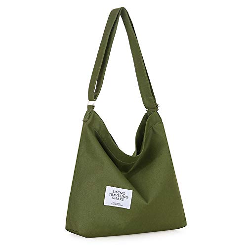 Covelin Women's Retro Large Size Canvas Shoulder Bag Hobo Crossbody Handbag Casual Tote - color: Olive Drab