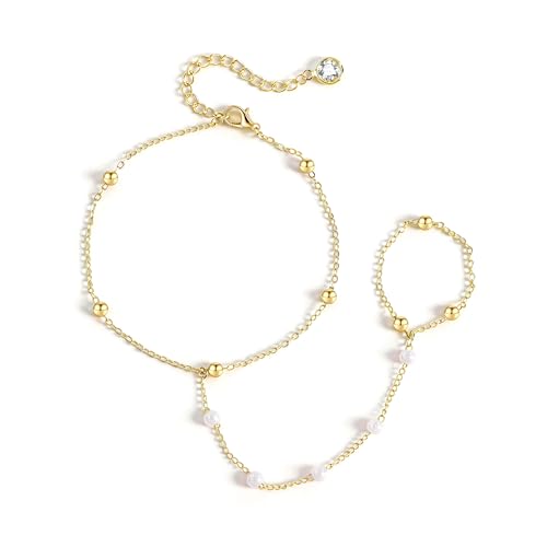 BAYLAY Hand Chain Bracelet, 14K Gold Plated Ring Bracelet Hand Chain Dainty Gold Bracelet for Women Trendy Finger Ring Slave Bracelets Hand Jewelry for Women Summer Beach Boho Gifts Trendy Stuff - color: Pearls