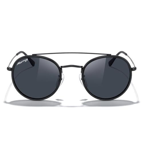 MERRY'S Retro Round Polarized Sunglasses - Unisex Double Bridge Sun Glasses - color: Matte Black Frame/Matte Black Bridge/Black Lens