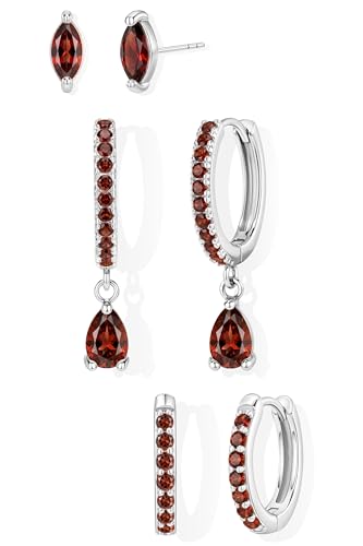 14K Gold Plated Small Huggie Hoop Earrings Set for Women, Hypoallergenic Dainty Sterling Silver Dangle Studs for Cartilage Helix, Lightweight Trendy Cute Stack Birthstone Jewelry Gift - color: 01_Garnet_Jan_Silver