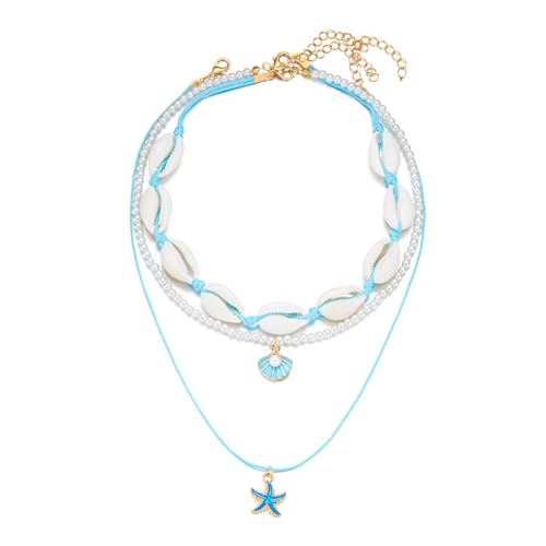 Shell Beach Choker Necklace Set for Women Boho Layered Beaded Adjustable Starfish Conch Shell Nacklace Imitaion Pearl Rice Beads Necklace Summer Ocean Vacation Jewelry - color: Blue