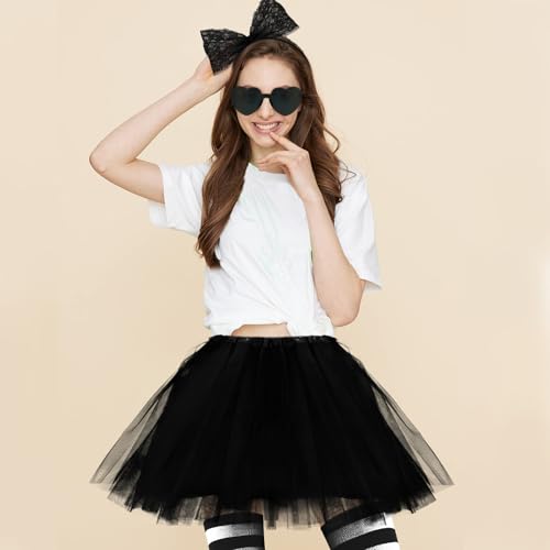 Women Tutu Costume Accessories Set, Striped Knee Socks Tutu Skirt Sunglasses and Bow Headband Colorful Party Favors - color: Black