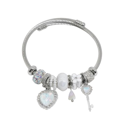 Silver Women Bracelets - Adjustable Charm Bracelets for Women Birthday Gifts Favors Titanium Steel Bracelet Bundle Jewelry Kit - color: F: Love - Key