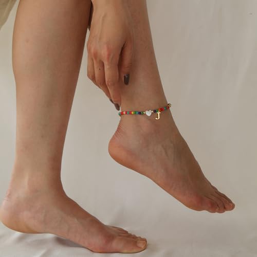 Honsny Ankle Bracelets for Women Initial Anklets Waterproof Boho Beaded Dainty Ankle Bracelets for Teen Letter Heart Handmade Adjustable Foot Chain Anklet Summer Vacation Colorful Jewelry Gift - style: C