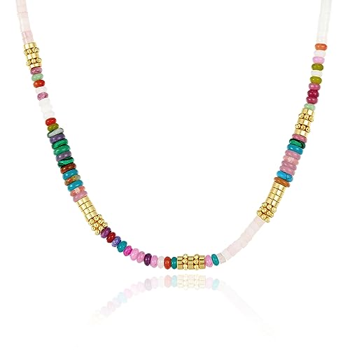 KissYan Boho Beaded Choker Necklace for Women, Gemstone Choker Natural Stone Freshwater Pearl Surfer Necklaces 14K Gold Plated Summer Beach Handmade Jewelry - color: C-Colorful