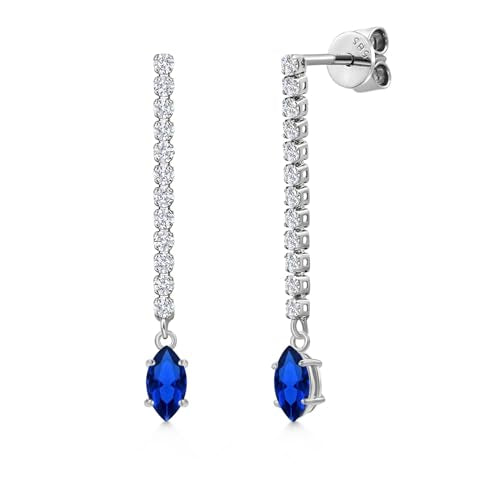 Gem Stone King 14K White Gold Gemstone Birthstone and White Lab Grown Diamond Long Liner Dangle Earrings for Women | Marquise 6X3MM | White Gold Chain Drop Earrings - style: Blue Created Sapphire, September