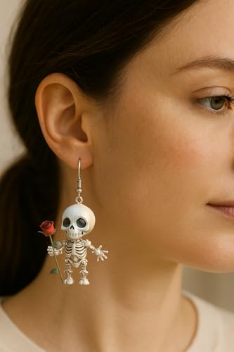 Halloween Skeleton Earrings for Women – Cute Spooky Skull Dangle Earrings with Red Rose, Gothic Creepy Cute Acrylic Statement Jewelry - color: Romantic Skeleton Rose