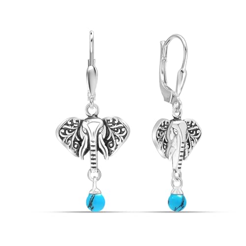 LeCalla 925 Sterling Silver Filigree Dangle Drop Leverback Earrings for Women | Long 925 Silver Dangle Leverback Earrings Hypoallergenic Filigree Tear drop Earrings Jewelry - style: Turquoise Elephant Drop-37mm