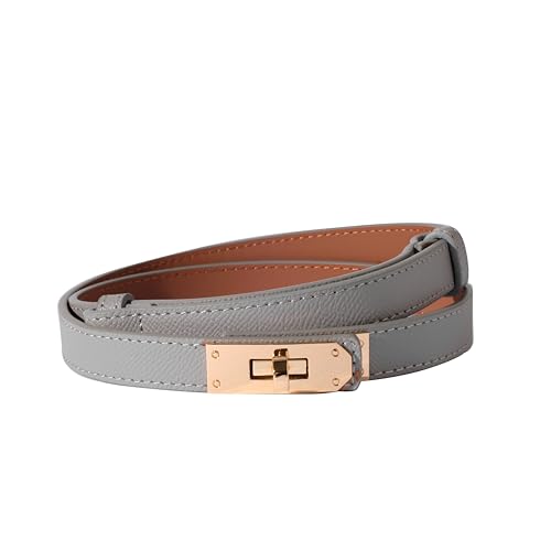 Ovekaut Women Skinny Leather Belt Solid Color Alloy Turn Lock Adjustable Waistband for Dresses Jeans Coats - color: Light Gray/ Gold