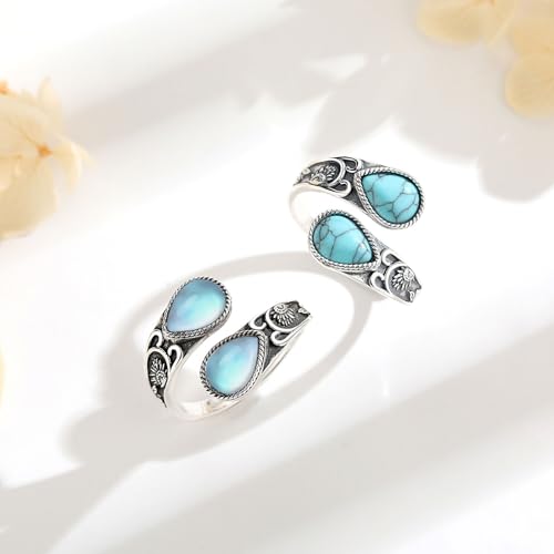Vito 925 Sterling Silver Adjustable Open Spoon Ring for Women Men, Lotus Sunflower Snake Spoon Band Rings Feather Hug Witches Knot Inspirational Jewelry Gift for Wife - style: Sunflower Turquoise