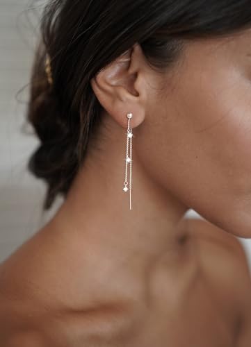 NECOCY Gold Dangle Earrings for Women Non Tarnish 14K Gold Plated Drop Wedding Hypallergenic Earring Dainty Long Hanging Chain CZ Pearl Threader Earrings Trendy Silver Plated Jewelry for Women - style: Silver&Style8