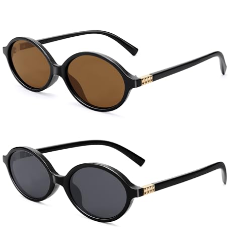 NULOOQ Retro Oval Sunglasses for Women 90s Trendy Vintage Small Round Sunnies Shades - color: A2* (Black/Brown + Black/Gray) - 2 Pack