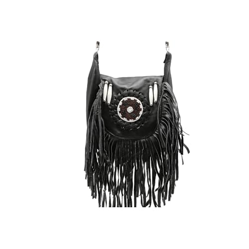 Women’s Genuine Leather Crossbody Belt Bag with Fur Fringe, Braided Bead Handcrafted Design, Clip-On Hip Fanny Pack with Jeans Loop, (J2400LB, Black) - color: Black