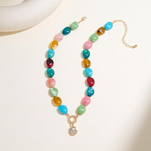 Multicolor Irregular Beaded Necklace for Women Chunky Resin Oval Bead Choker with Cubic Zirconia Pendant Summer Beach Mothers Day Gifts - color: XL23350A