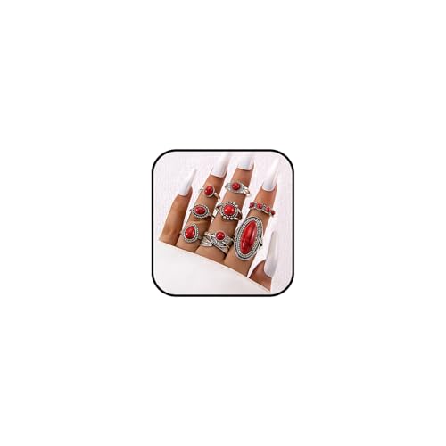 Bohemian Turquoise Ring for Women Stackable Vintage Chunky Boho Turquoise Ring Set Dainty Open Gemstone Knuckle Midi Finger Rings Western Statement Rings Jewelry - style: red eight