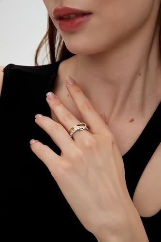 14K Gold Plating and Platinum Plating Stackable Interlocking Ring Set | Anti-Allergy Mixed Metal Multi-Ring Declaration Jewelry | Women's Festival Gift, Mother's Day/Birthday/Engagement Jewelry - size: 8, style: Two-layer ring