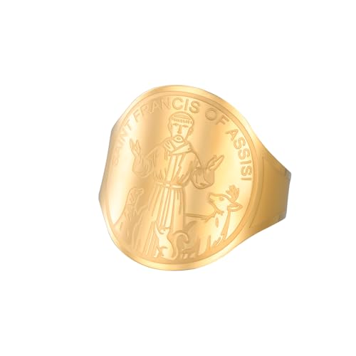 TEAMER Resizable Saint Francis of Assisi Ring Pendant Patron Saint of the Animals and Nature Francis Pet Protect Medal Catholic Jewelry For Women Men - color: Gold