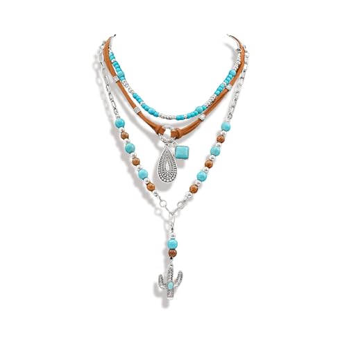 Western Necklaces Boho Layered Charm Necklace for Women Turquoise Beaded Choker Ox-head Pendant Necklace Western Jewelry for Women Cowgirl Accessories - color: Style-C